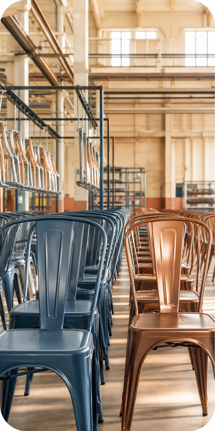 Powder-coated metal chairs lined up in the factory