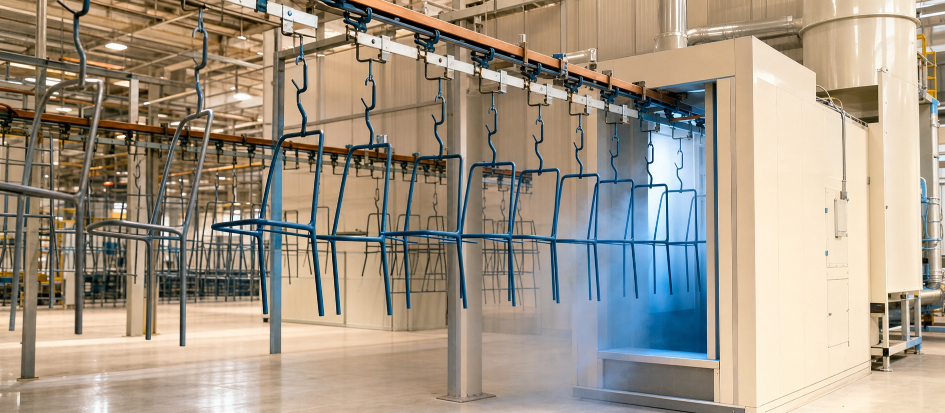 Chair frames hanging on the powder-coat line