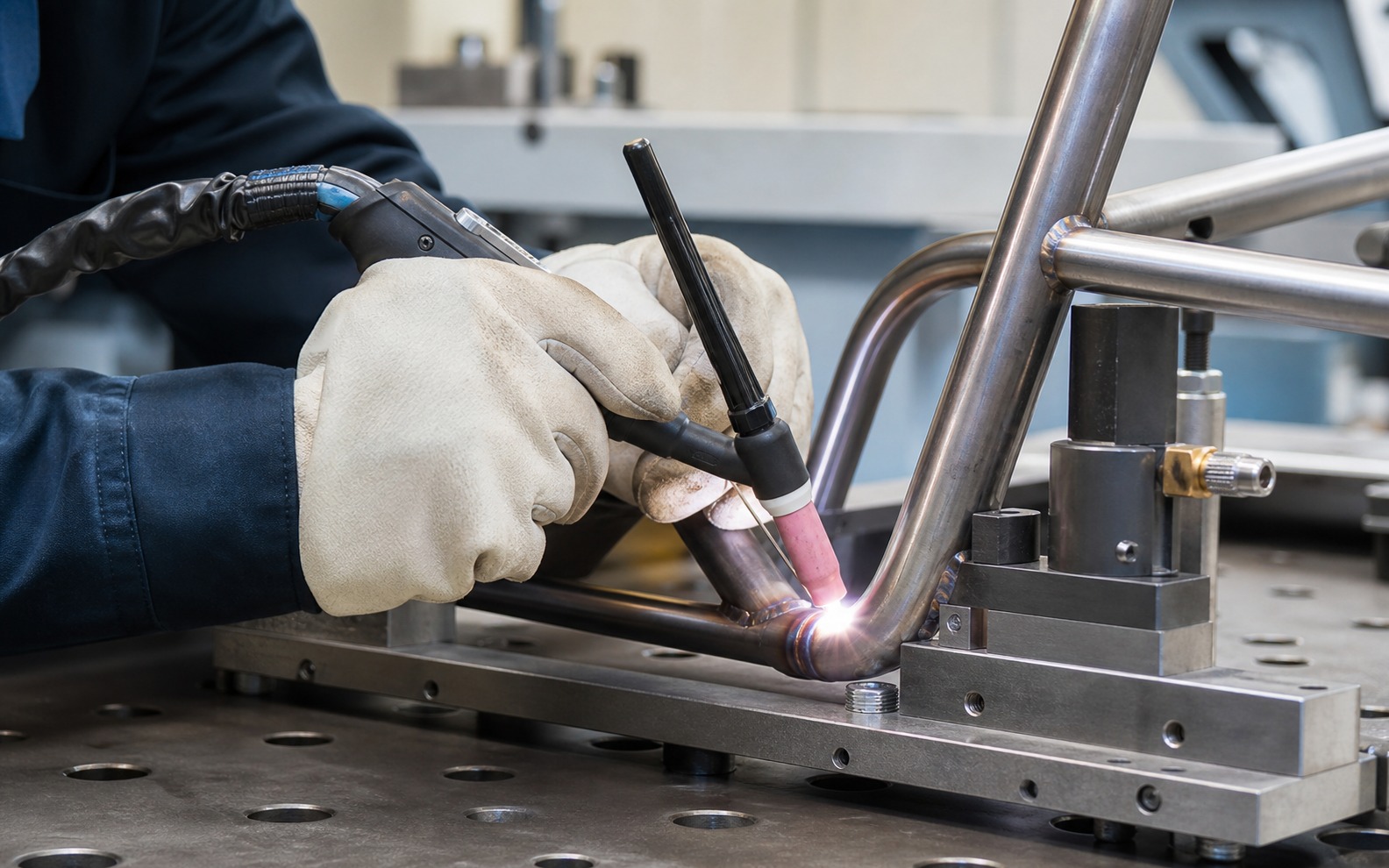 TIG welding a chair frame on a jig